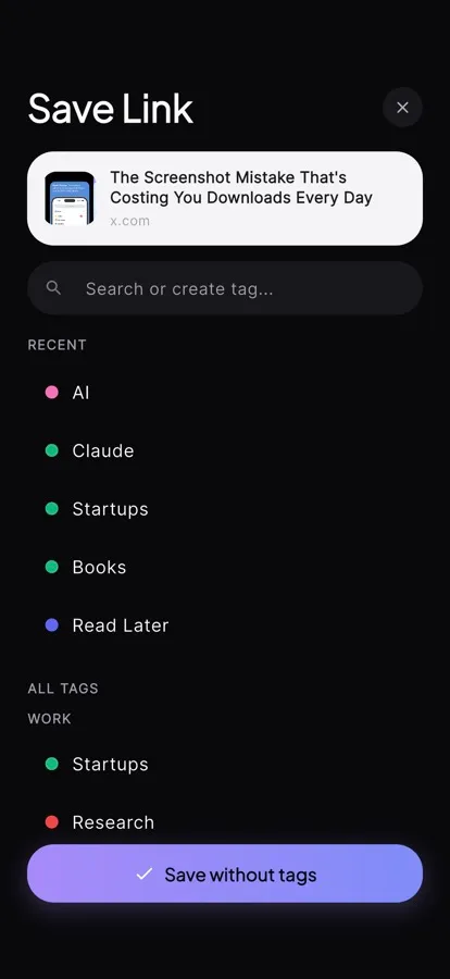 Linkty's tag editor: a kept link with custom tag chips being added