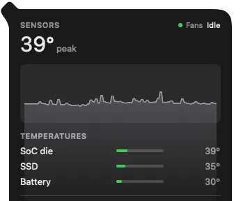 Caliper's sensors panel: a 39 degree peak charted over time, with per-group temperature bars