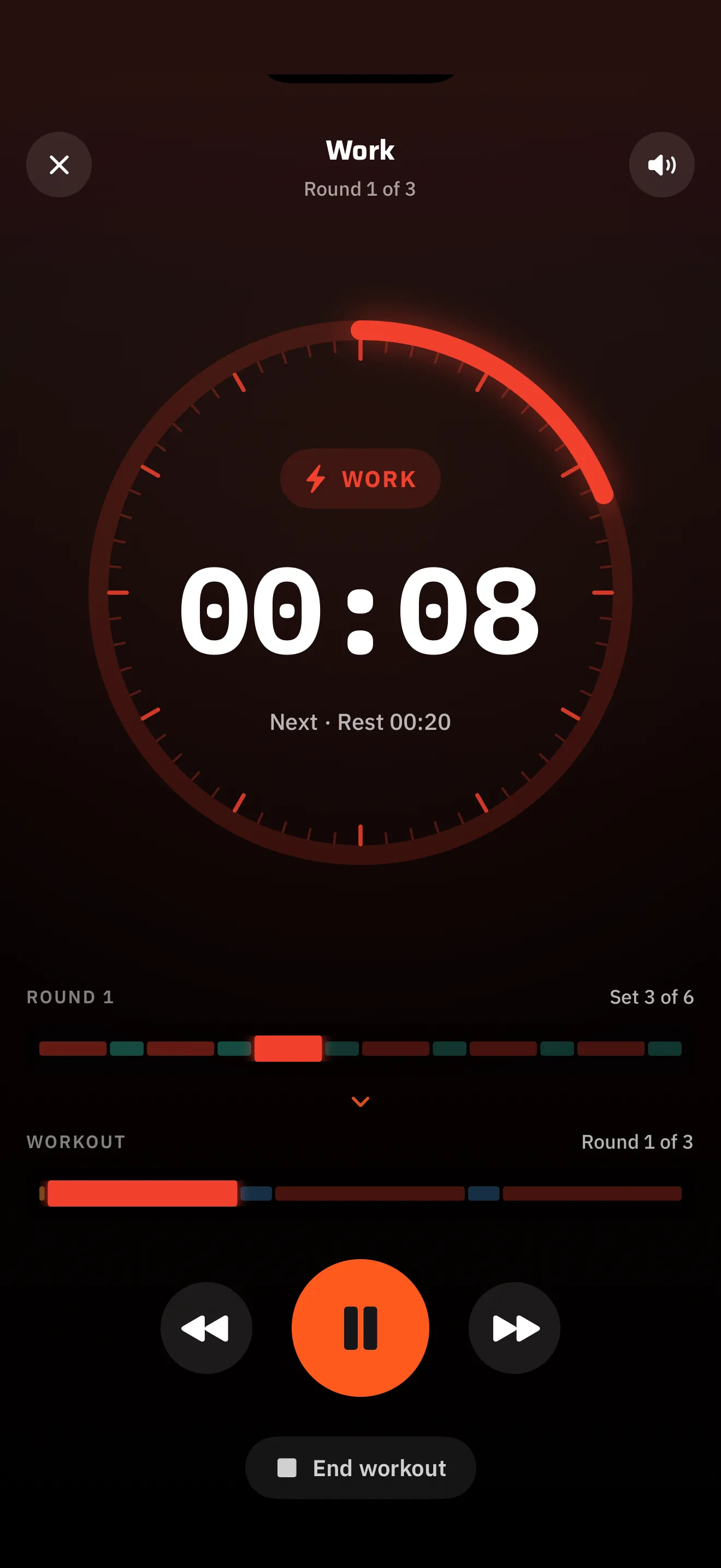 Interval's run screen: tick-dial with an orange progress arc, WORK phase pill and a large 00:08 countdown