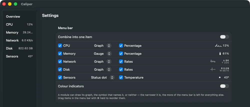 Caliper's settings: one row per module, each with its picture set to Graph, Gauge or Status dot, its value switched on or off, and a preview of the resulting menu bar item