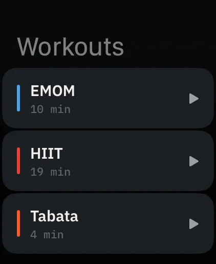 Interval on Apple Watch: the same workout list with EMOM, HIIT and Tabata