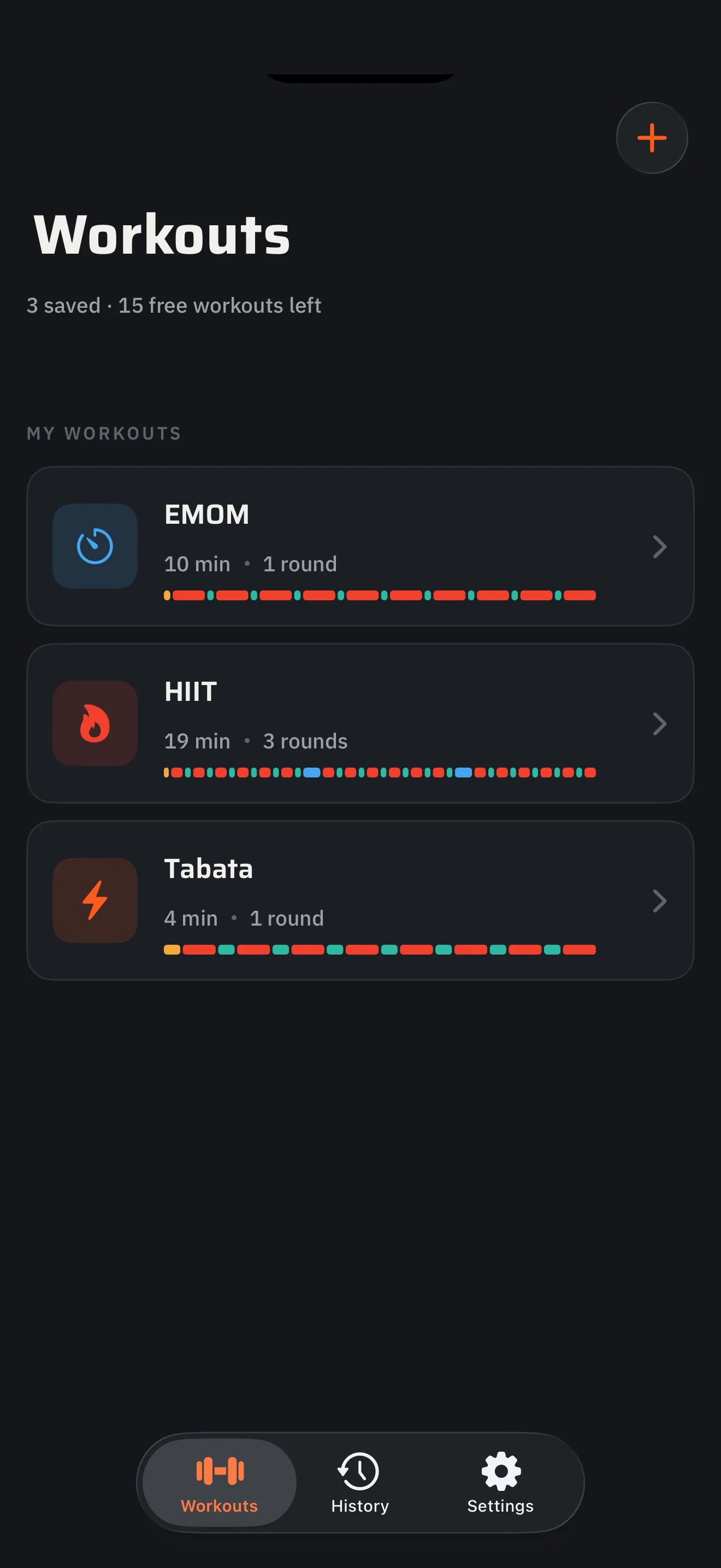 Interval's workout list: EMOM, HIIT and Tabata cards, each with a color-coded phase bar