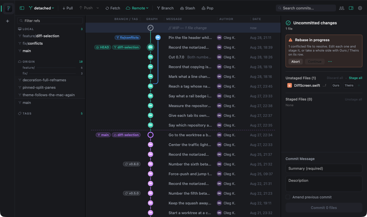 Fretwire during a paused rebase: a Rebase in progress banner with Abort and Continue, and the conflicted file listed with Ours / Theirs controls beside it