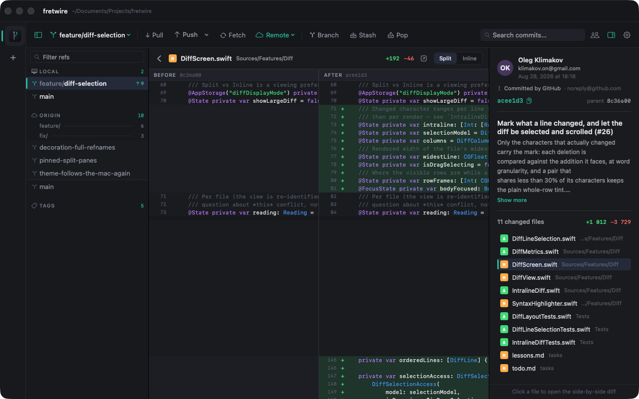 Fretwire diff view: a commit's file opened as a split before/after diff with additions highlighted, a Split / Inline toggle, and the commit's changed files beside it