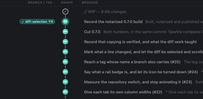 The Fretwire graph: commits on swim lanes, with branch and tag labels in the gutter