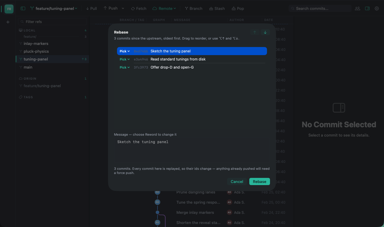 The Fretwire interactive rebase editor: one sheet listing the commits from a base to HEAD, each row with pick, reword, squash or drop, ready to reorder