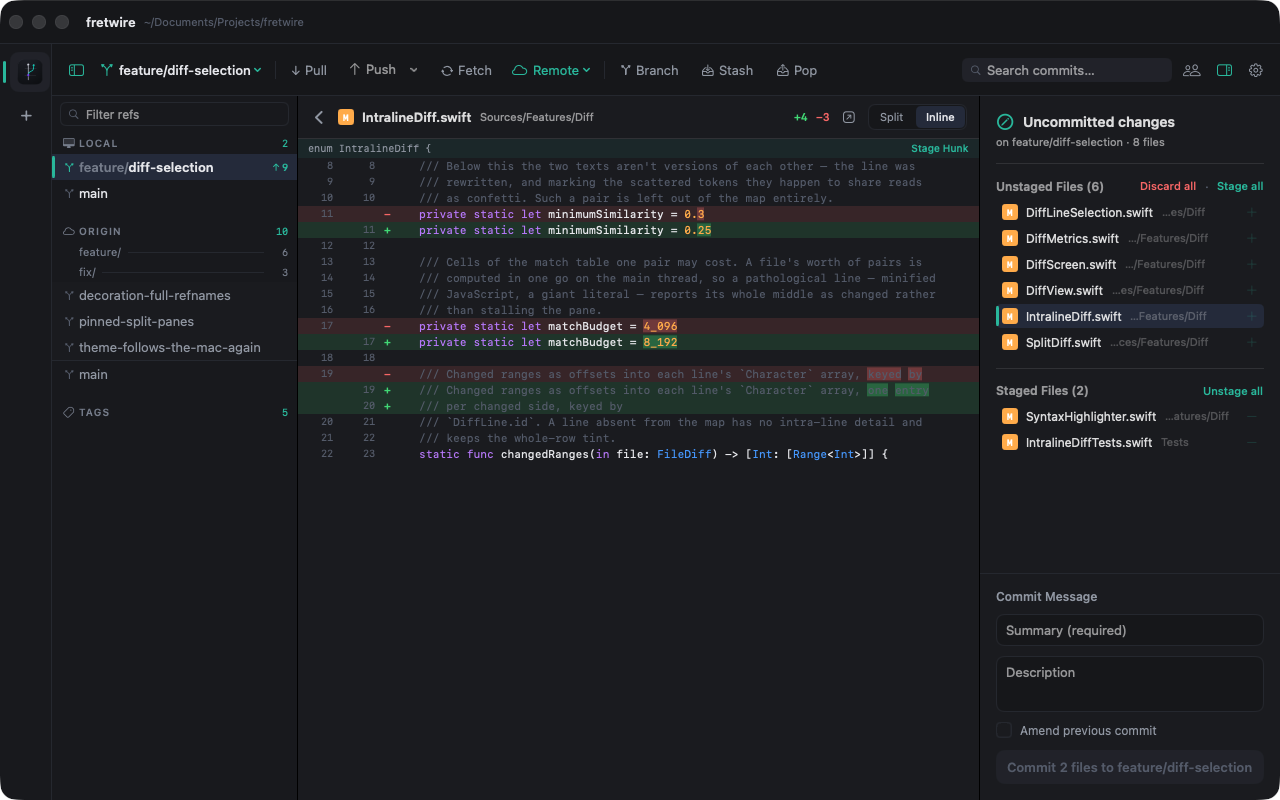 Fretwire staging: an inline hunk diff with a Stage Hunk control and word-level change marks, unstaged and staged file lists, and the commit form
