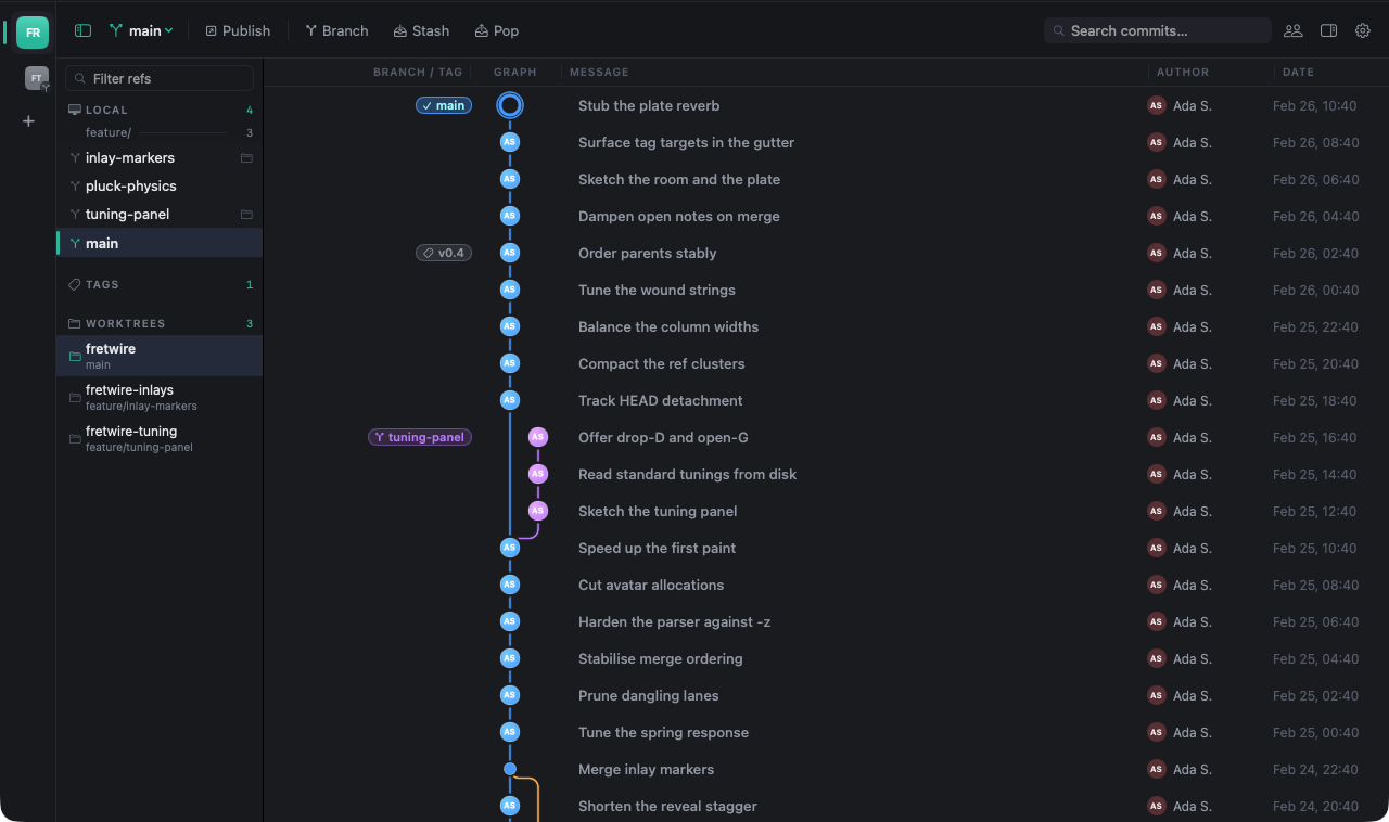 Fretwire with a WORKTREES sidebar section listing three worktrees with their folders and branches, folder markers on branches checked out elsewhere, and a worktree tab nested under its project in the rail
